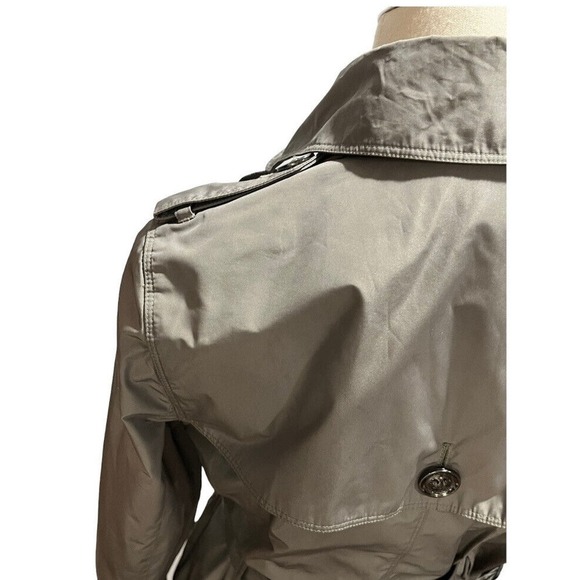 Burberry London Double Breasted Belted Green Gray Ruffled Trench Coat Sz US 6 - Picture 6 of 16